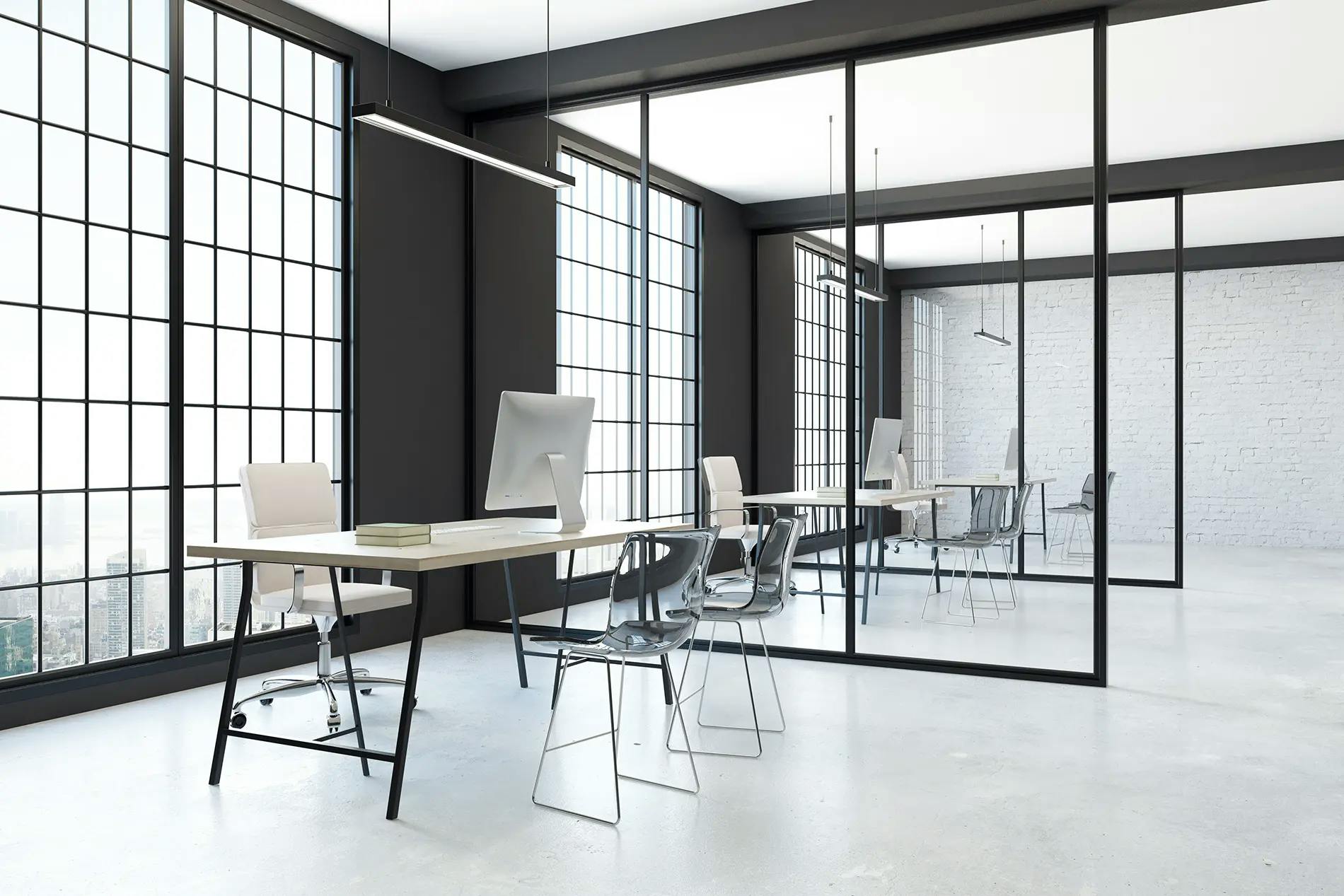 Modern Office with loft style windows and glass partitions