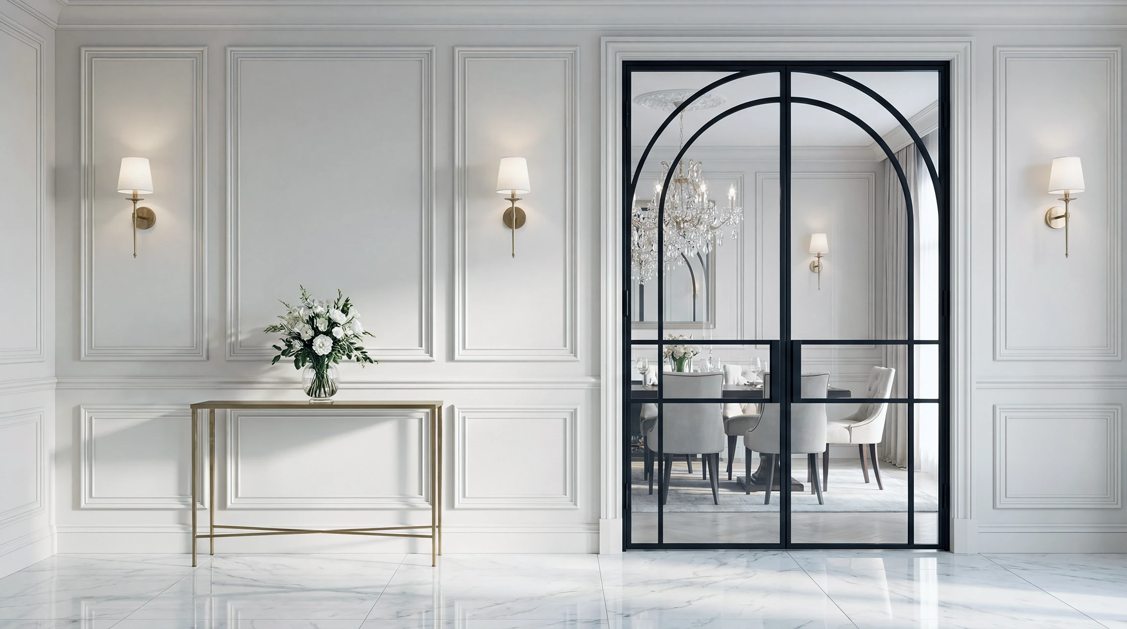Classic interor with steel glass doors