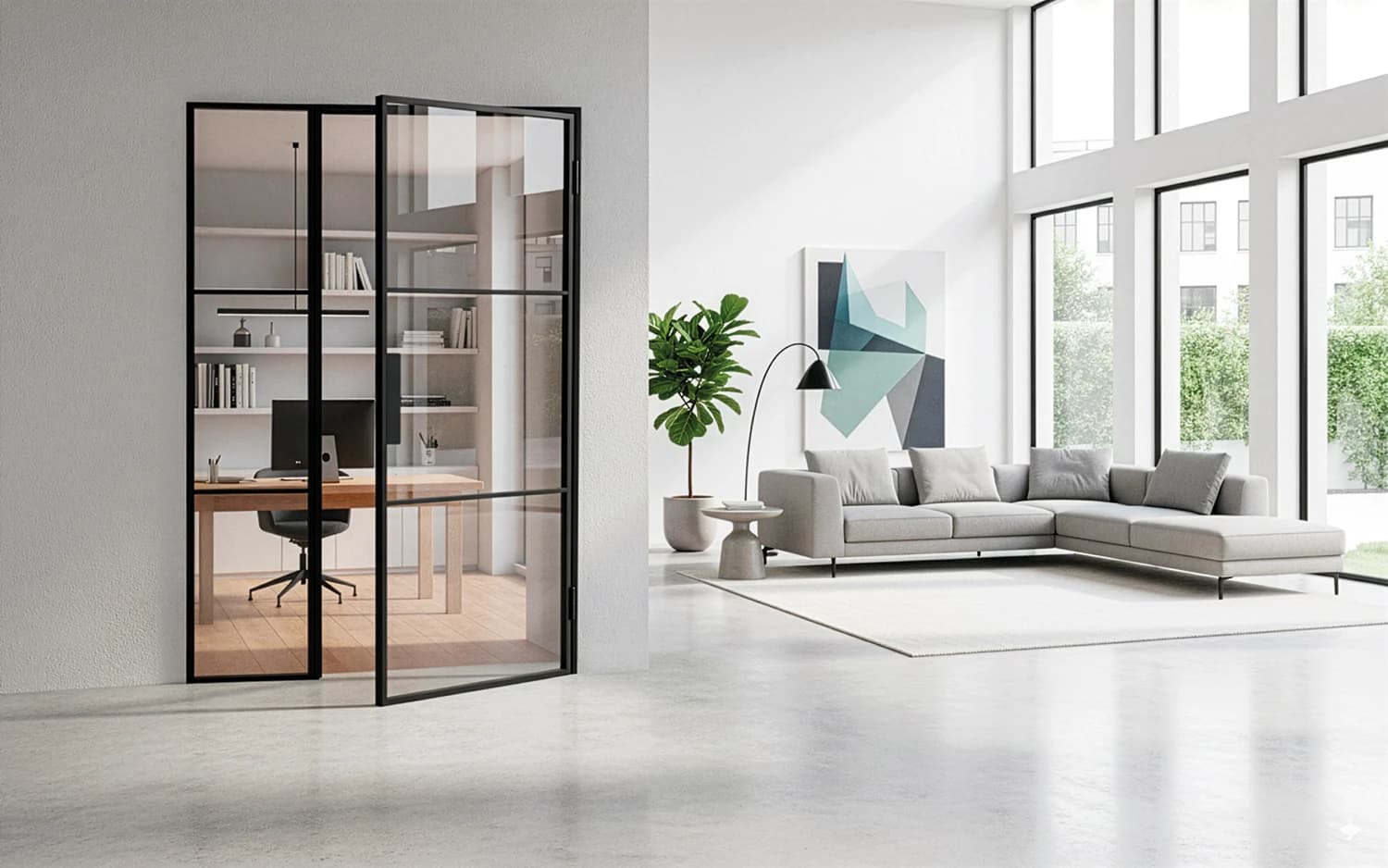 Single steel internal door with fixed glazed side panel
