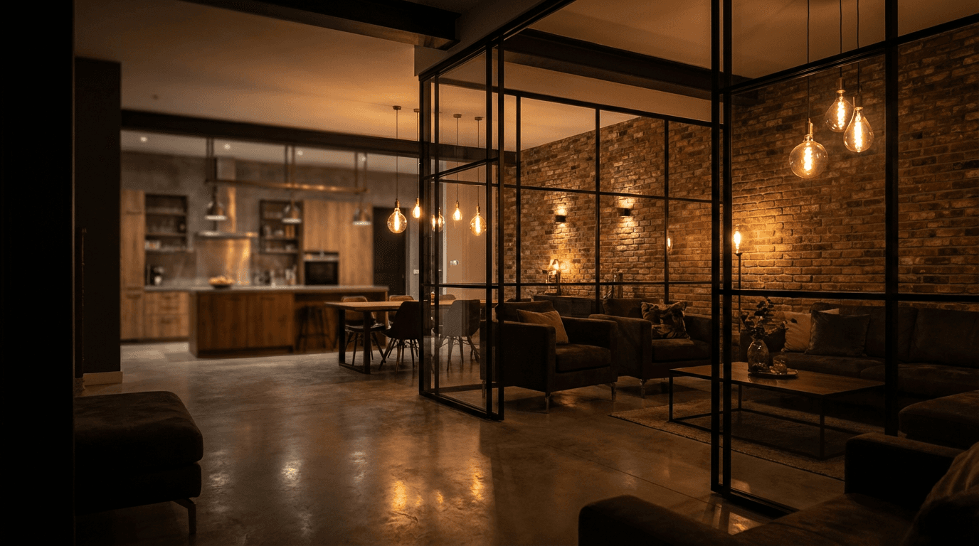 Industrial interior with black steel frame glass doors