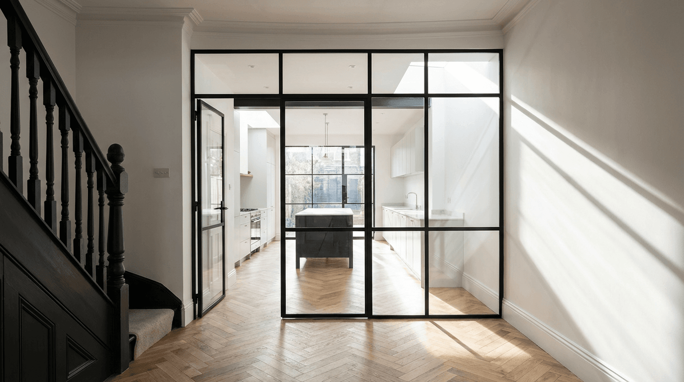 Bright interior with internal steel frame glazing