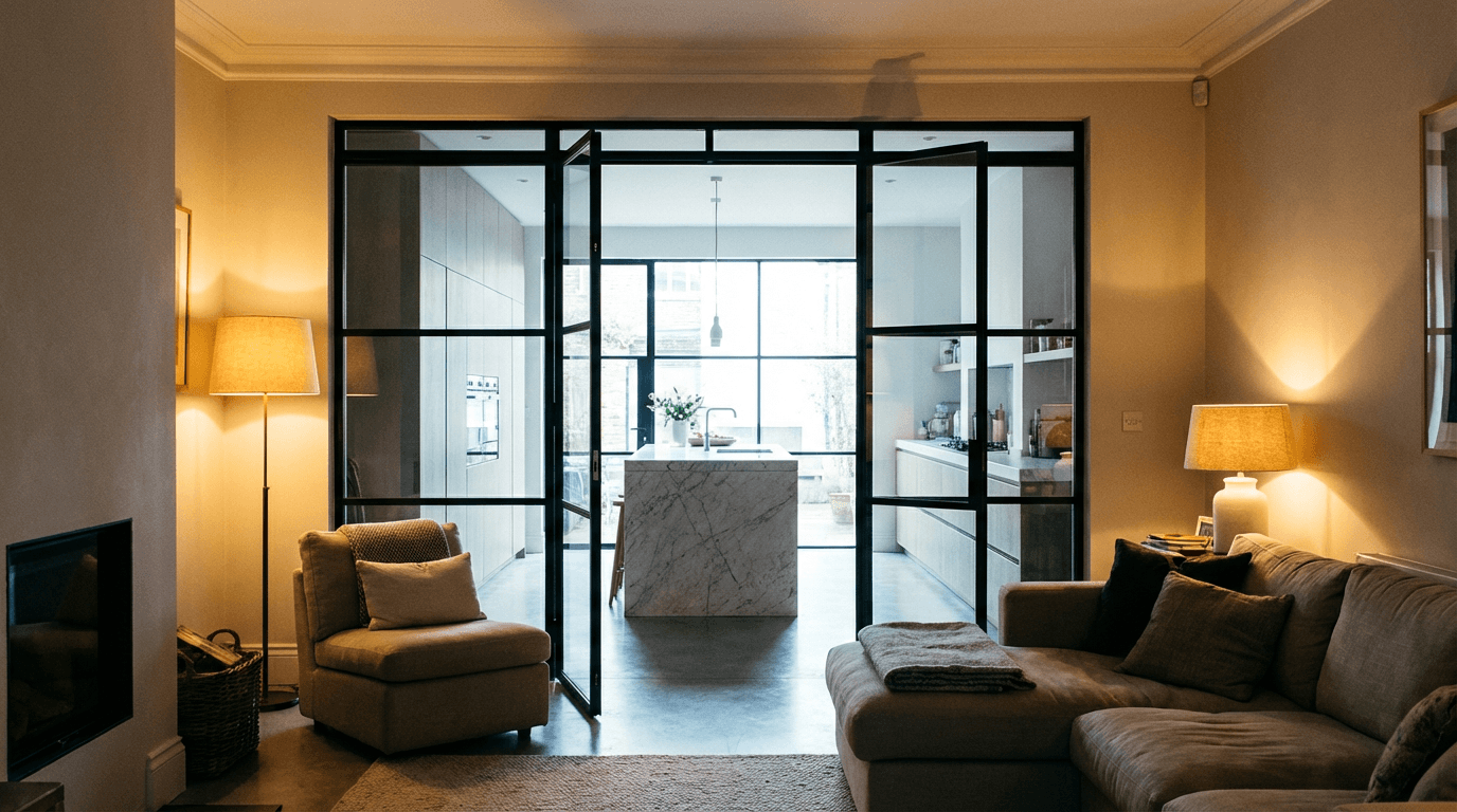 Warm living room with open steel frame glass doors to bright kitchen beyond — evening
