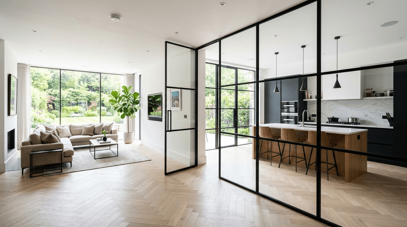Open plan home with black steel frame glass partition dividing living room from kitchen