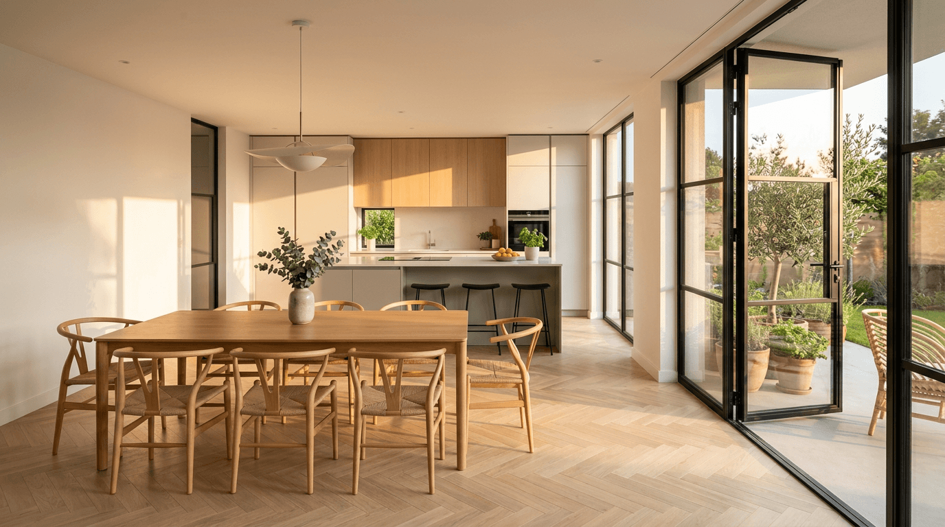 Minimalist interior with black steel frame glass doors and golden afternoon light